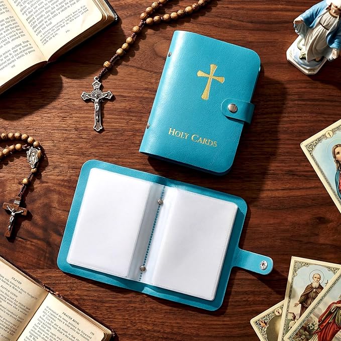 ✝🙏Catholic Faux Leather Holy Card Holder – Pocket Prayer Card Organizer with Snap Closure