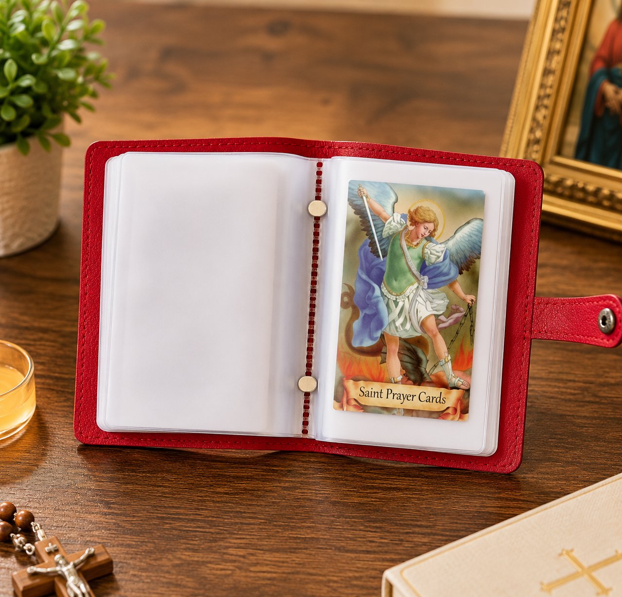 ✝🙏Catholic Faux Leather Holy Card Holder – Pocket Prayer Card Organizer with Snap Closure